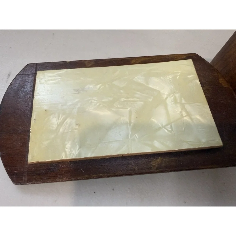 Vintage Art Deco Wood Keepsake Box Satin Lined Celluloid Faux Pearl Lid Insert